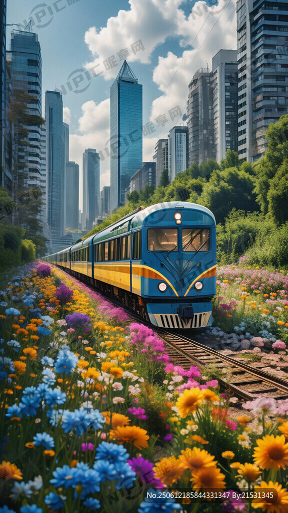 一列很長的藍黃相間的方形列車行