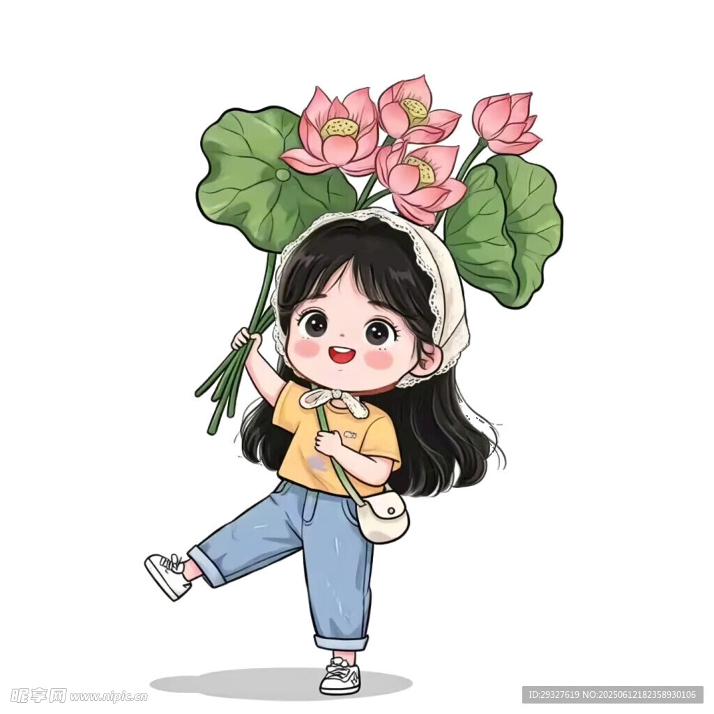 持荷玩耍的可愛卡通女孩
