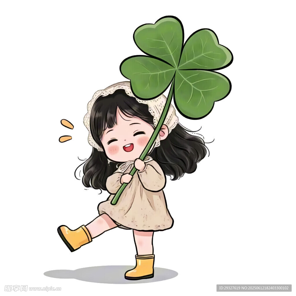 手持四葉草的快樂(lè)小女孩
