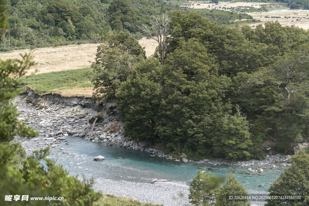 山間清澈河流與蔥郁樹林