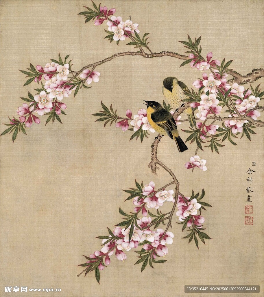 枝頭雙鳥伴繁花