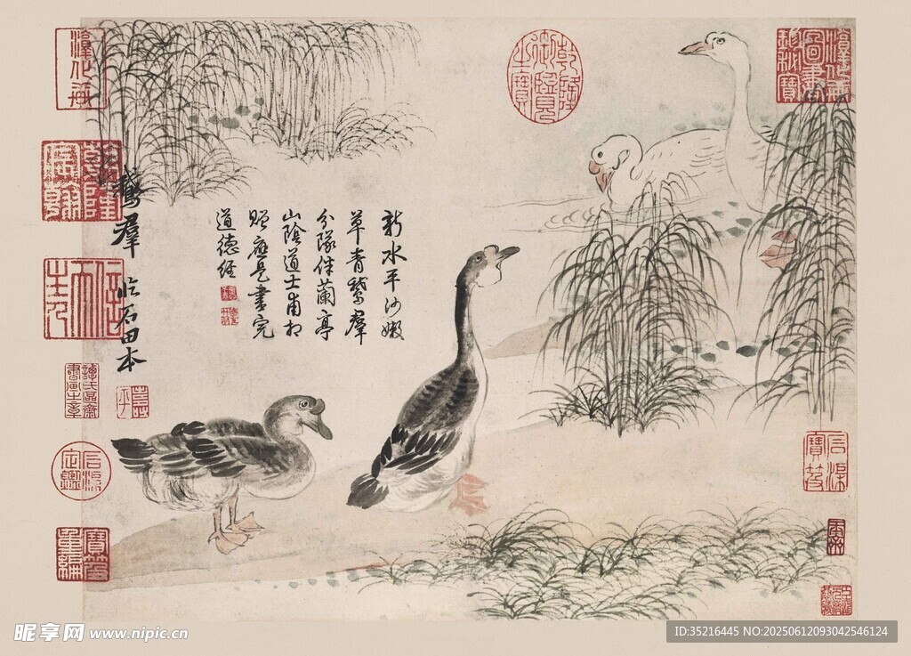 古畫中雙鴨棲于柳岸