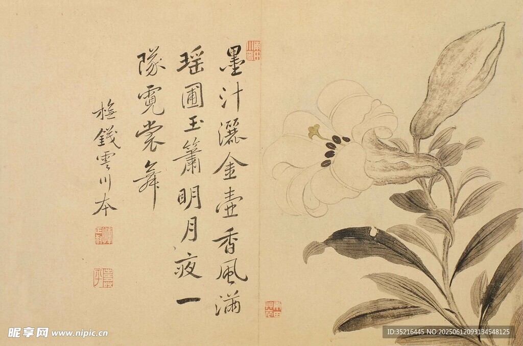 水墨花卉書法圖