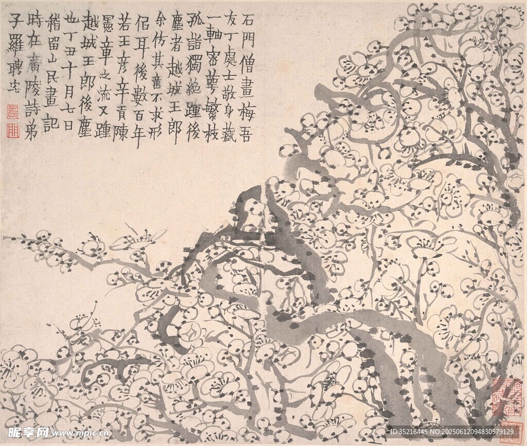 古畫中的繁花與棲息鳥兒