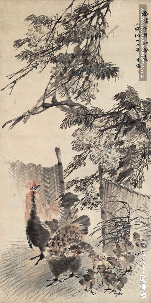古松群雞圖