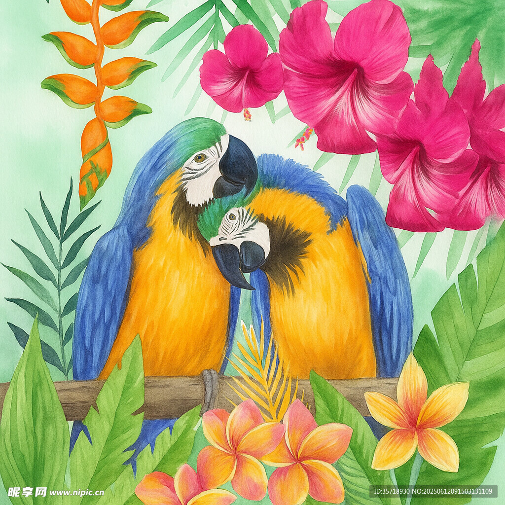 鸚鵡棲于繁花綠葉間
