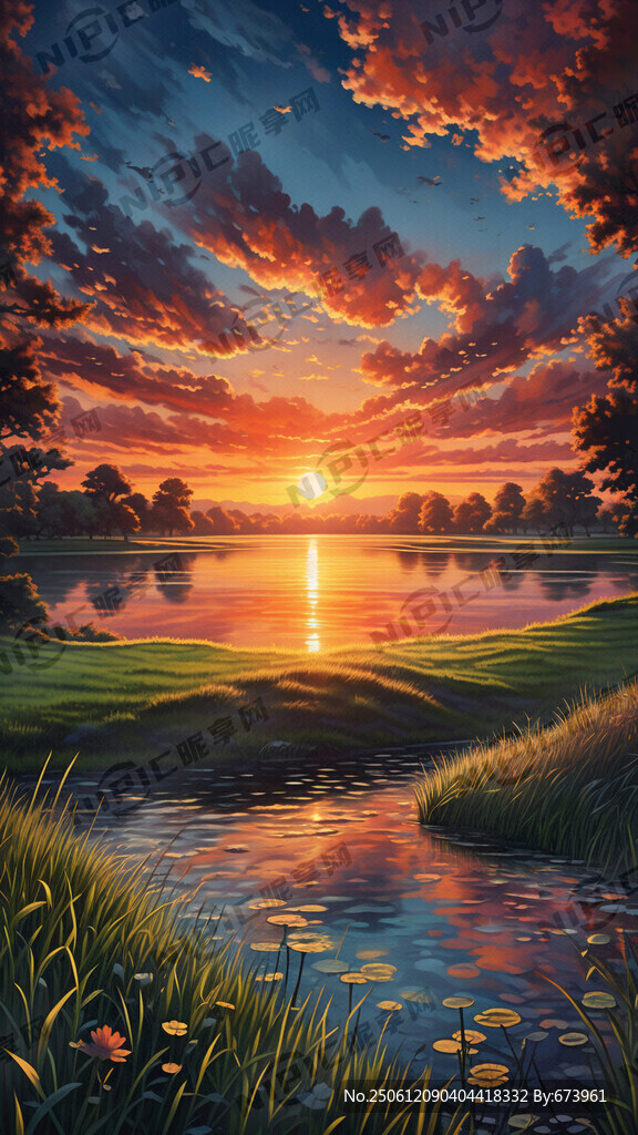 夕陽(yáng)落下 草坪 湖水