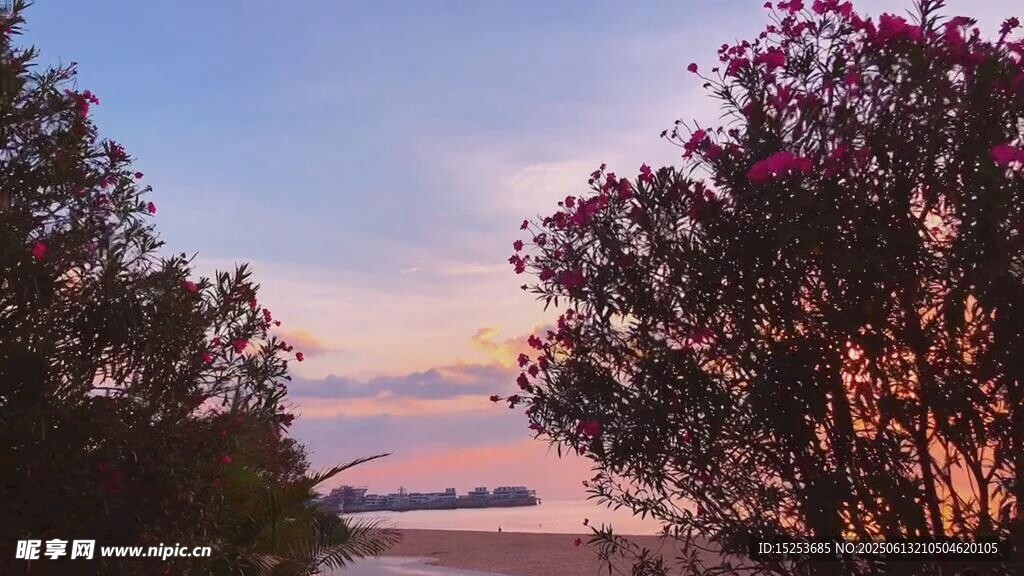 黃昏湖畔繁花樹木美景