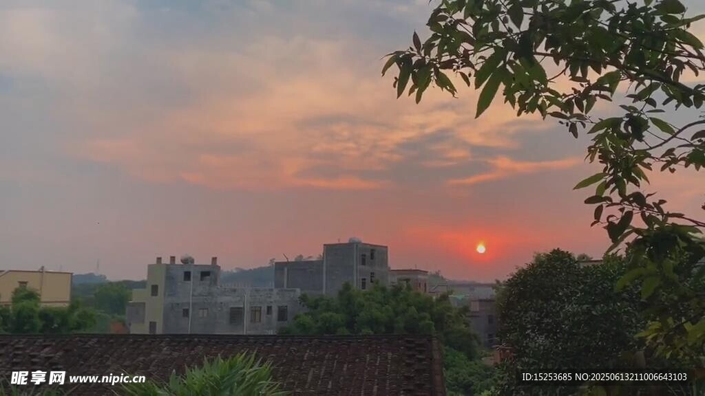 夕陽下的城市與綠樹景觀
