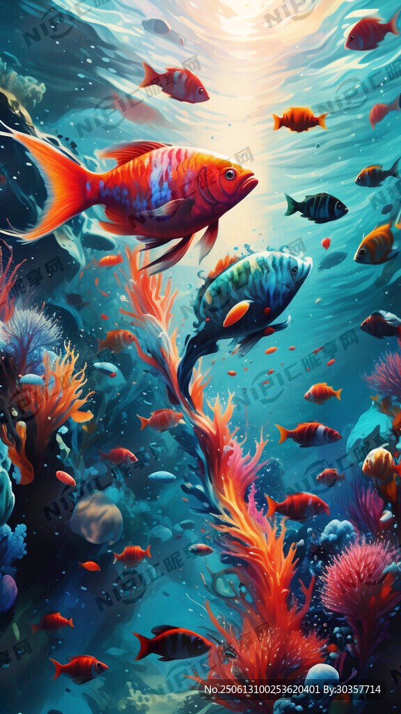 抽象魚群海底世界玄關畫