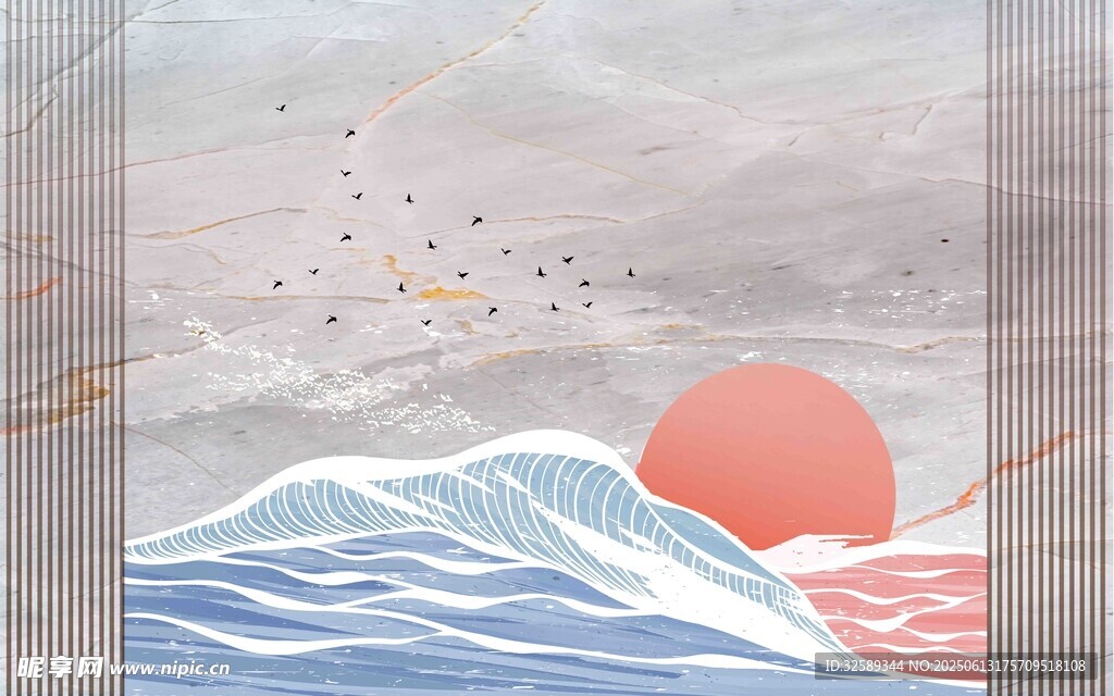 海上日出波浪飛鳥景象