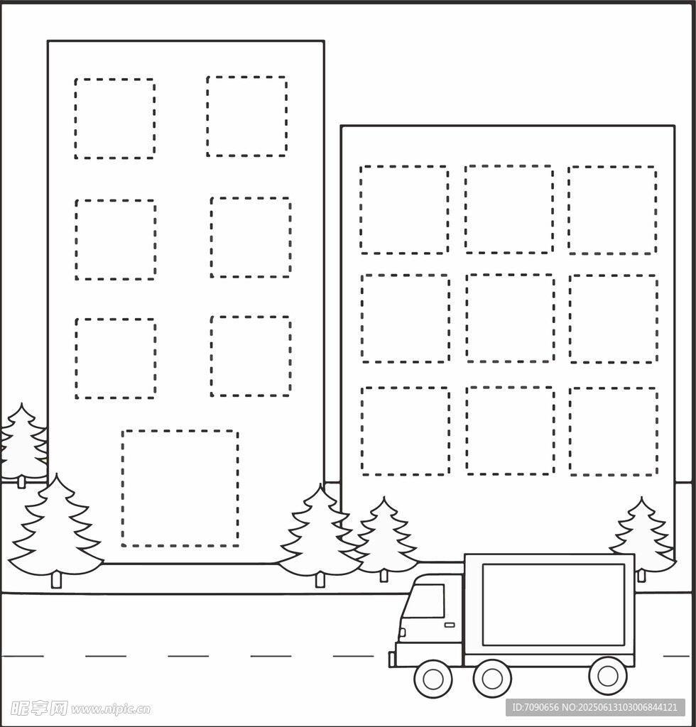 城市建筑與運輸車輛簡筆畫