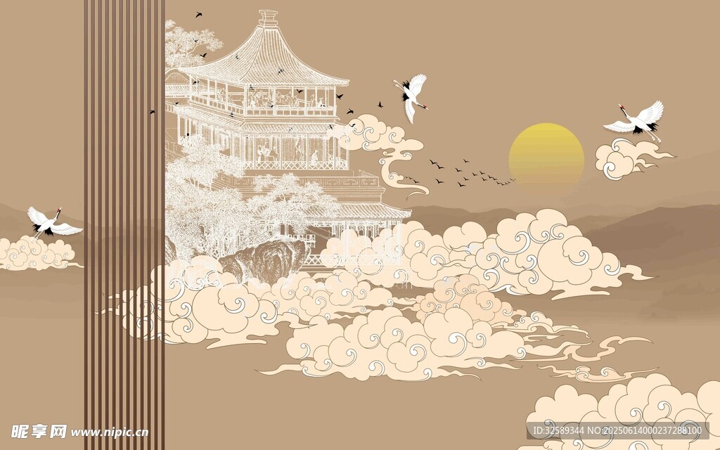 古風云海中的亭臺飛鳥