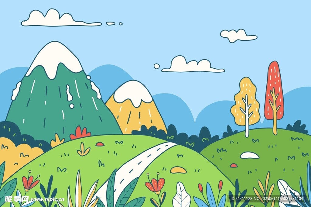 美麗山間草地風景圖