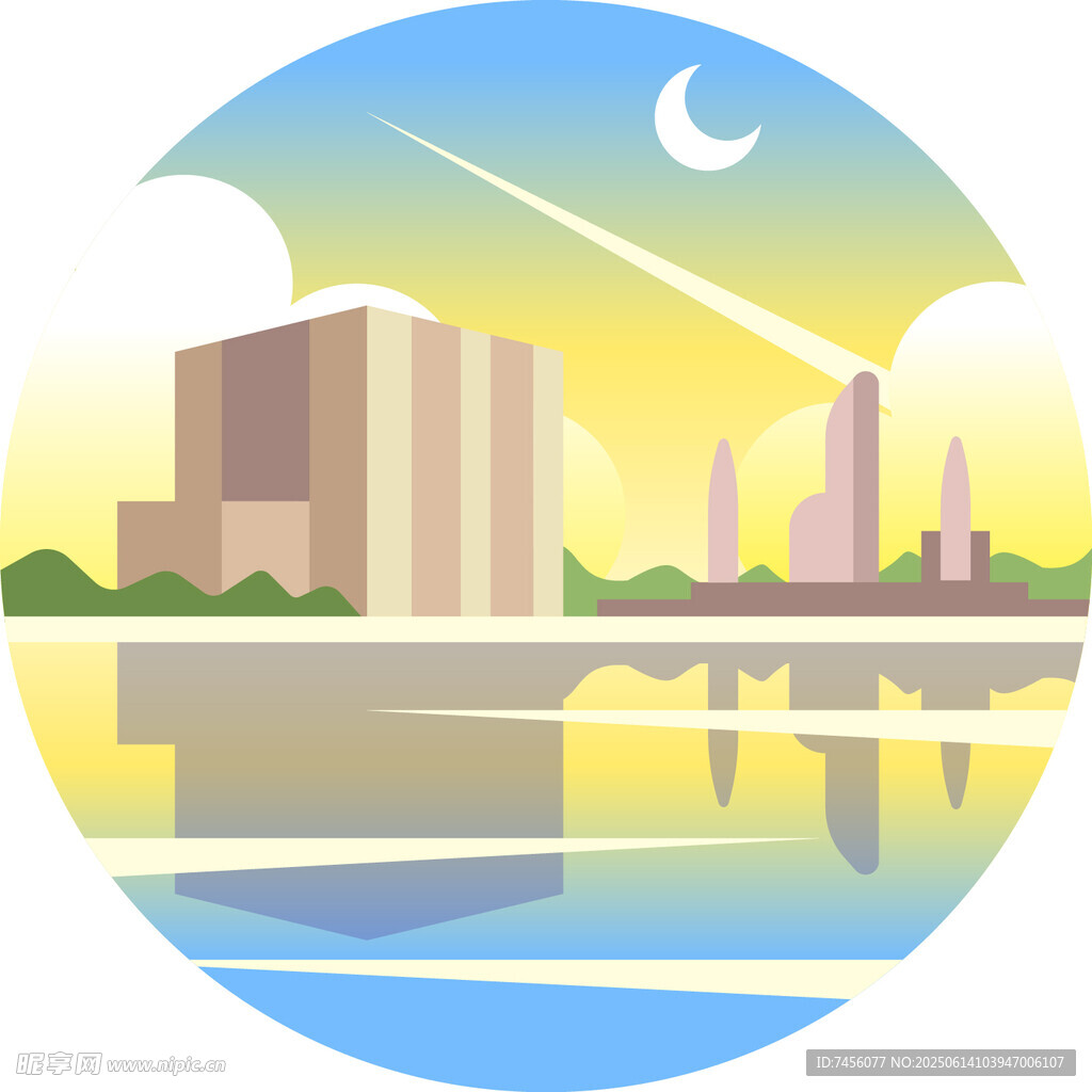 城市河畔風景插畫