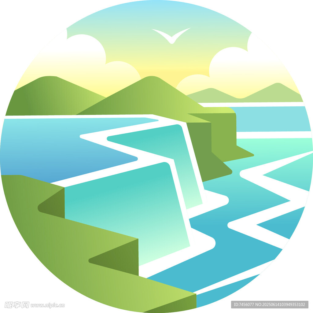 山間河流景觀插畫