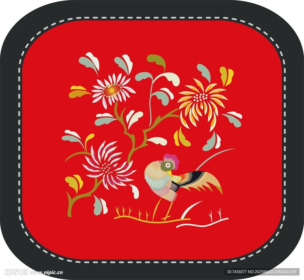紅色刺繡花鳥圖案