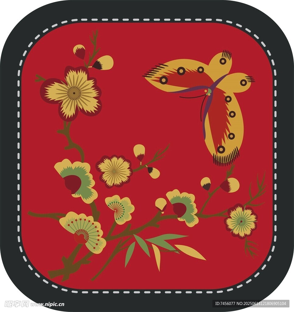 中式刺繡風(fēng)紅色花卉蝴蝶圖案
