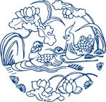 中式藍(lán)白荷花水鳥(niǎo)圖案