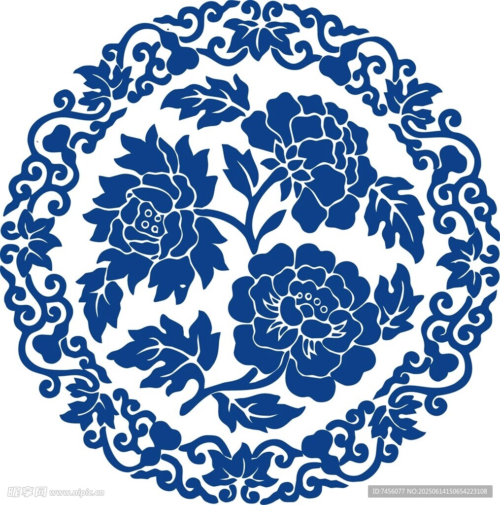 青花瓷牡丹圓形紋飾圖案