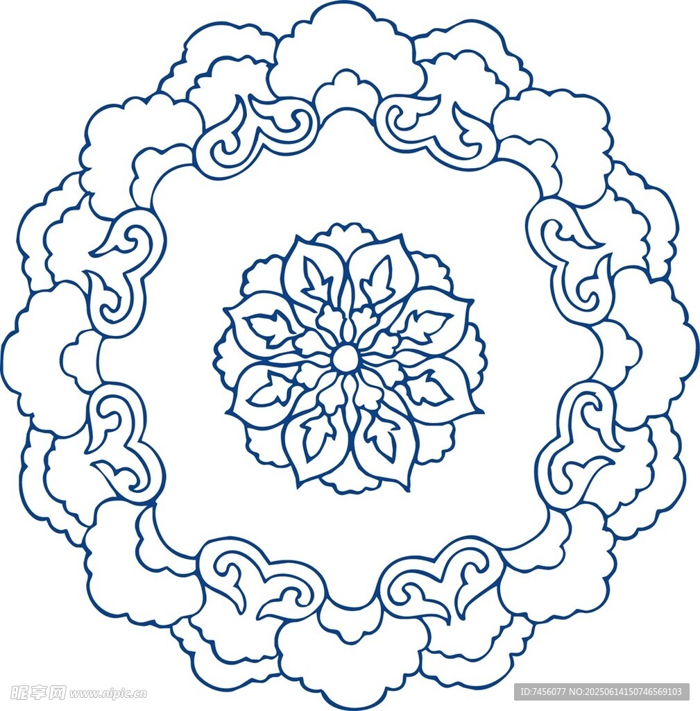 中式傳統藍白花紋圓形圖案