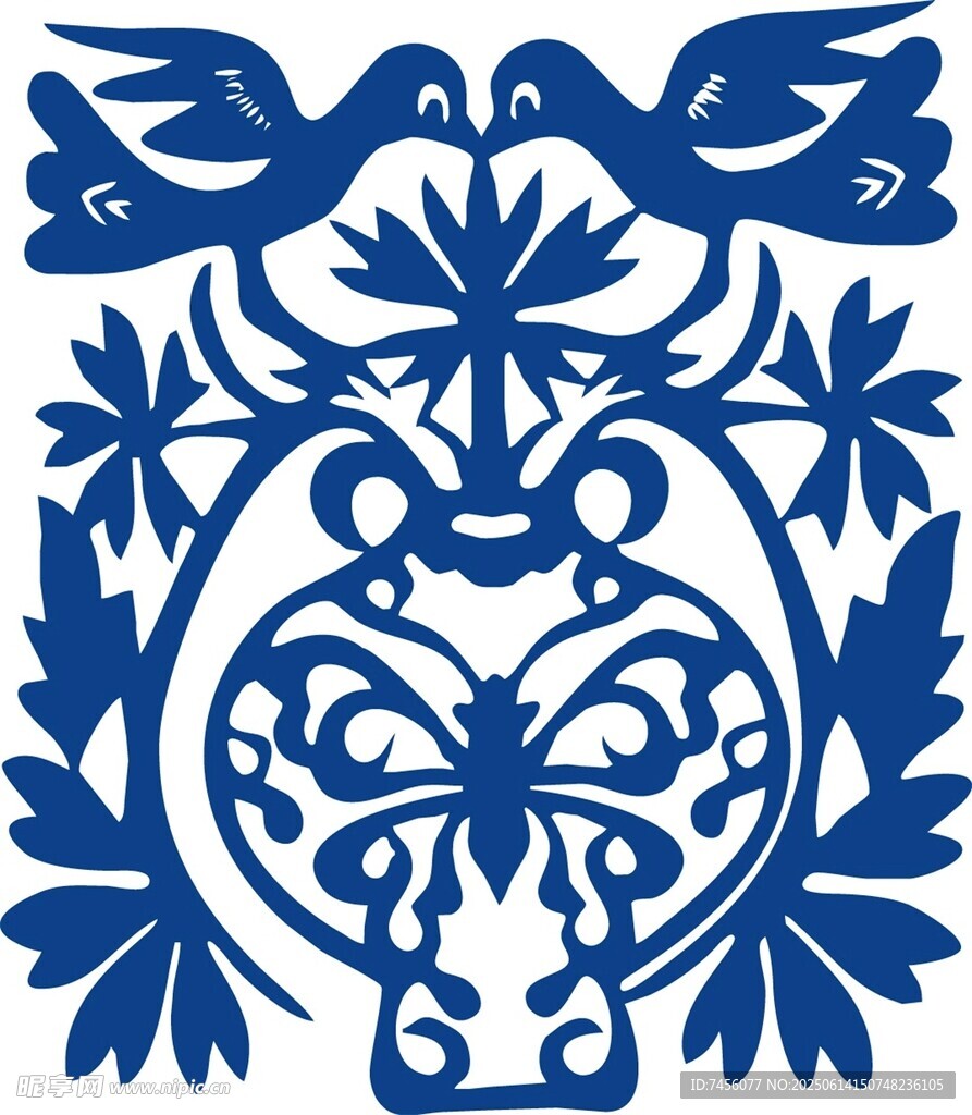 傳統(tǒng)藍(lán)白剪紙花鳥圖案