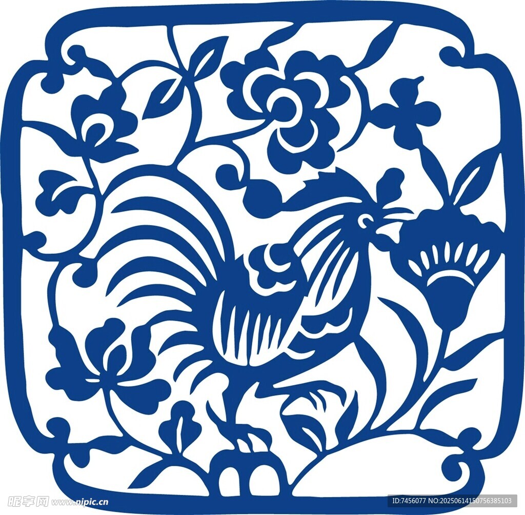 藍(lán)白公雞花卉剪紙圖案