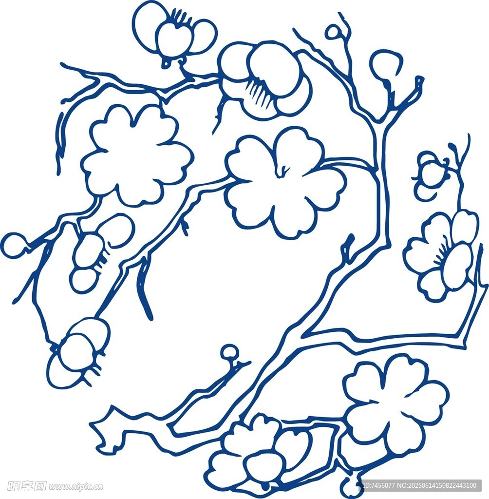 藍線勾勒的精致梅花枝