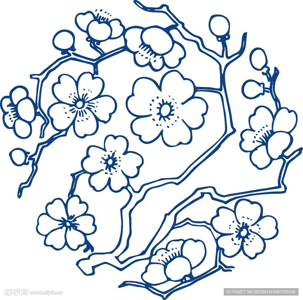 藍(lán)線勾勒的精致梅花圖案