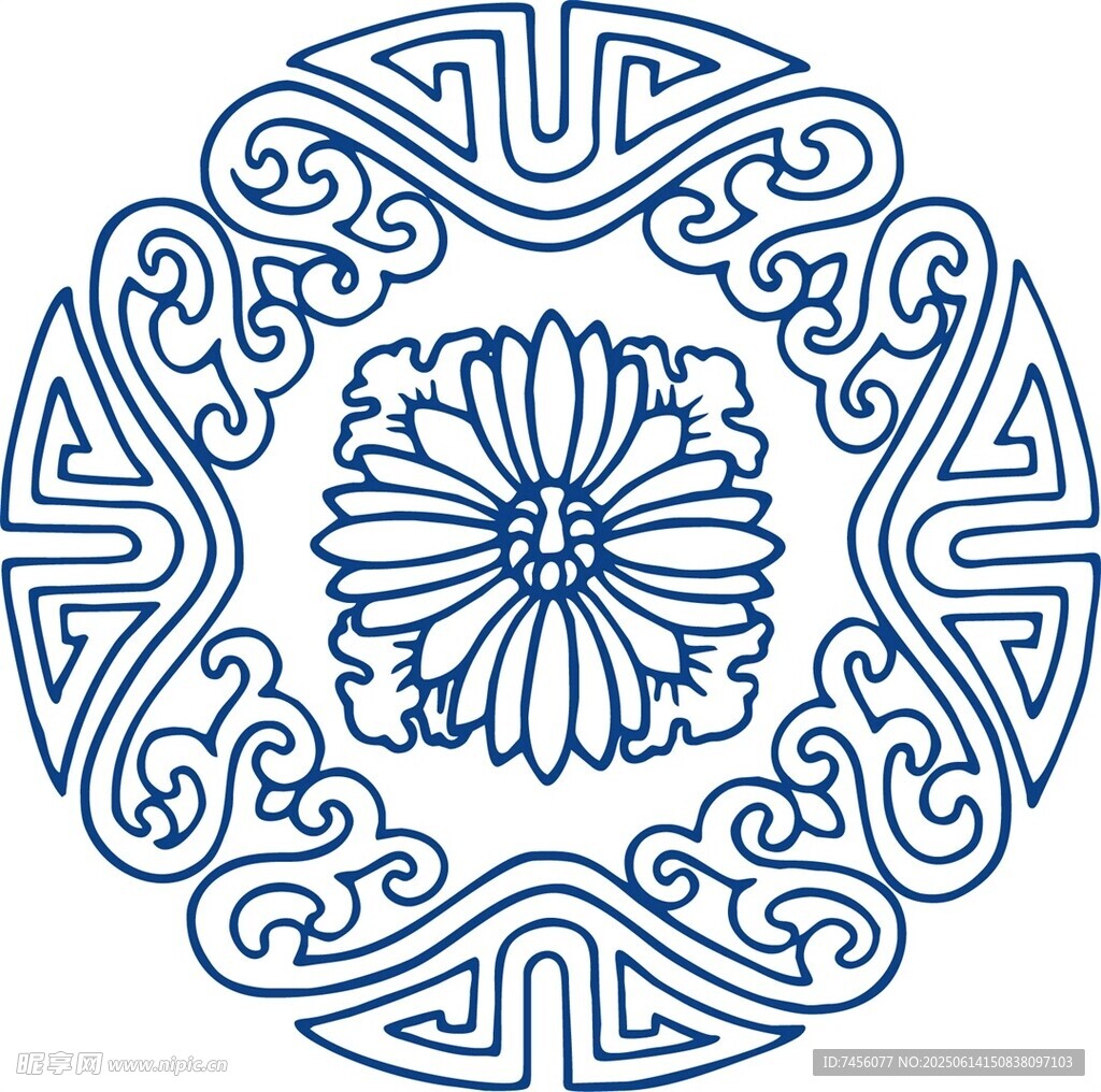 中式傳統(tǒng)藍(lán)色花紋圓形圖案
