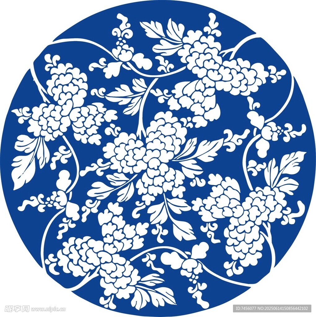 藍白葡萄花卉圓形傳統圖案