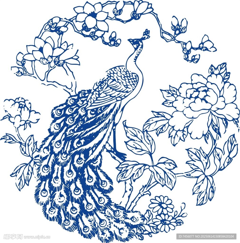 藍白孔雀花卉中式圖案