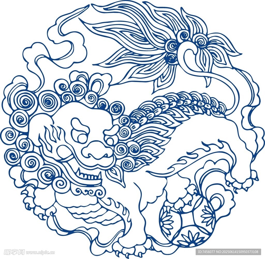 傳統藍白麒麟紋樣圖案