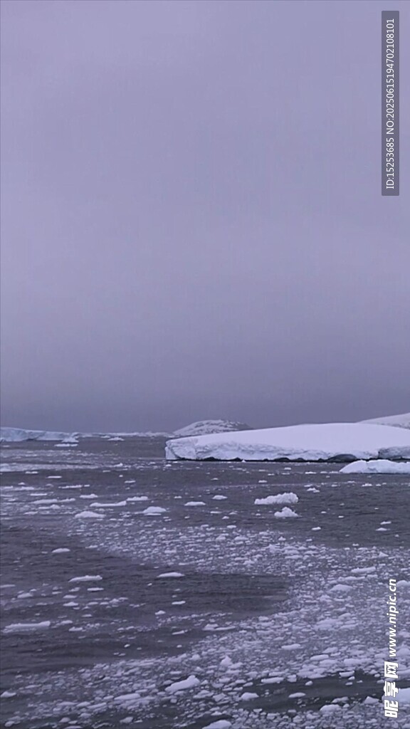海上浮冰與遠處雪岸景觀