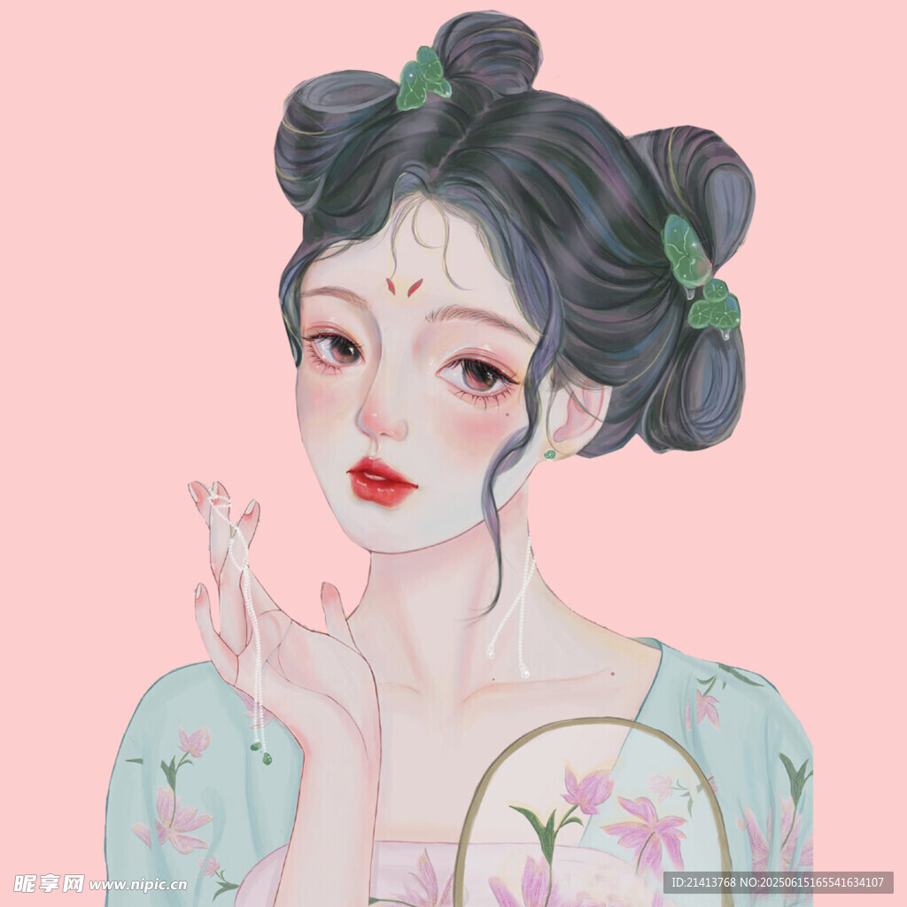 古風美人持扇優雅圖