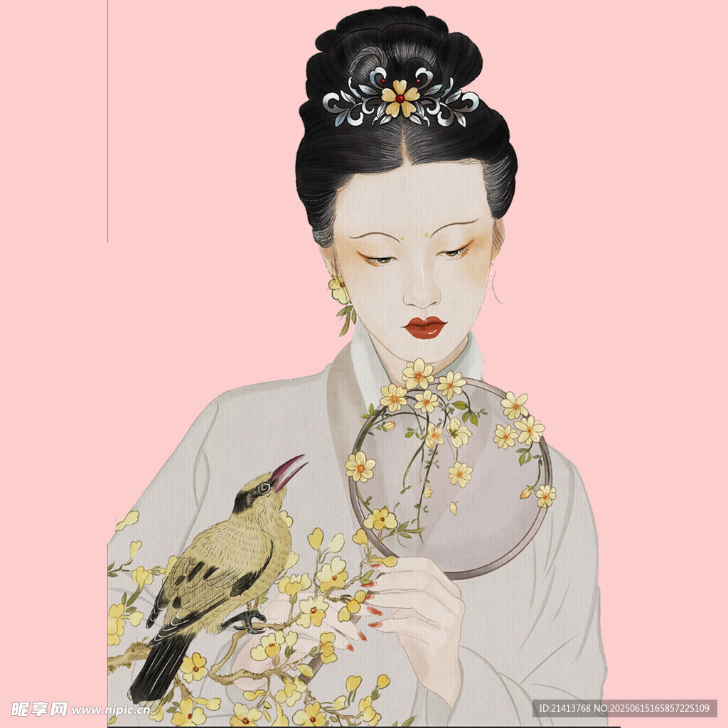 古典美人持扇伴鳥圖