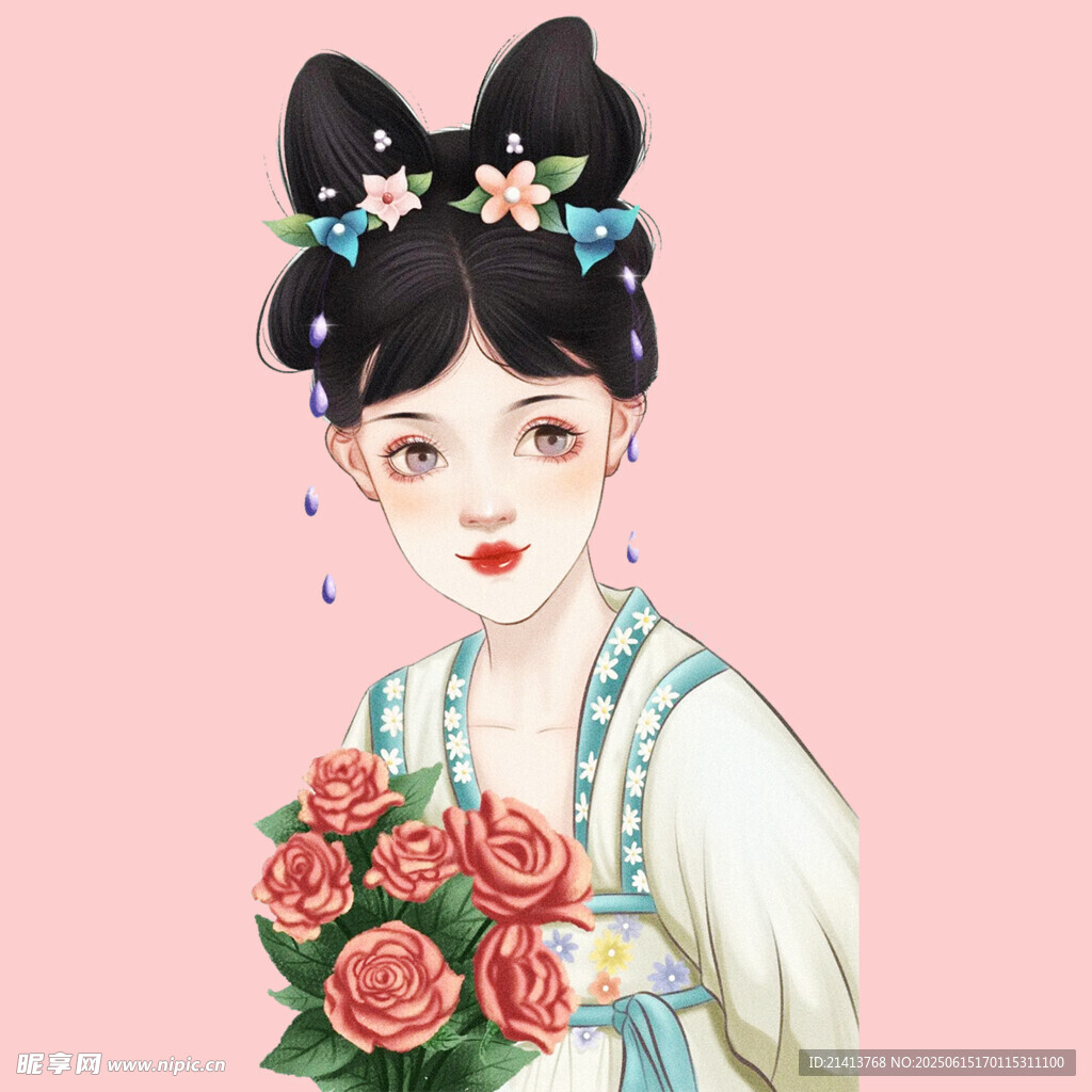 古風佳人手持嬌艷玫瑰