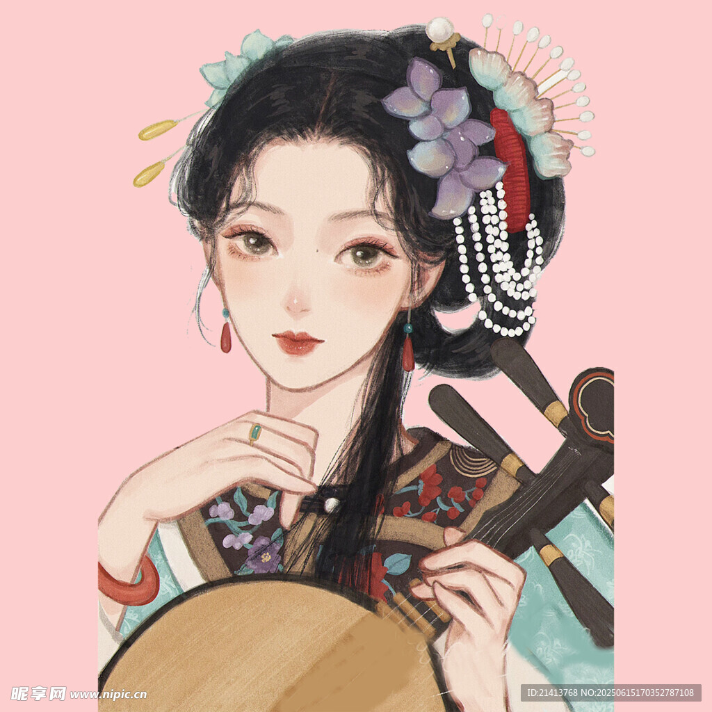 古風佳人撫琴圖