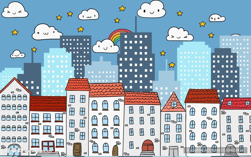 城市天際線的卡通插畫風景