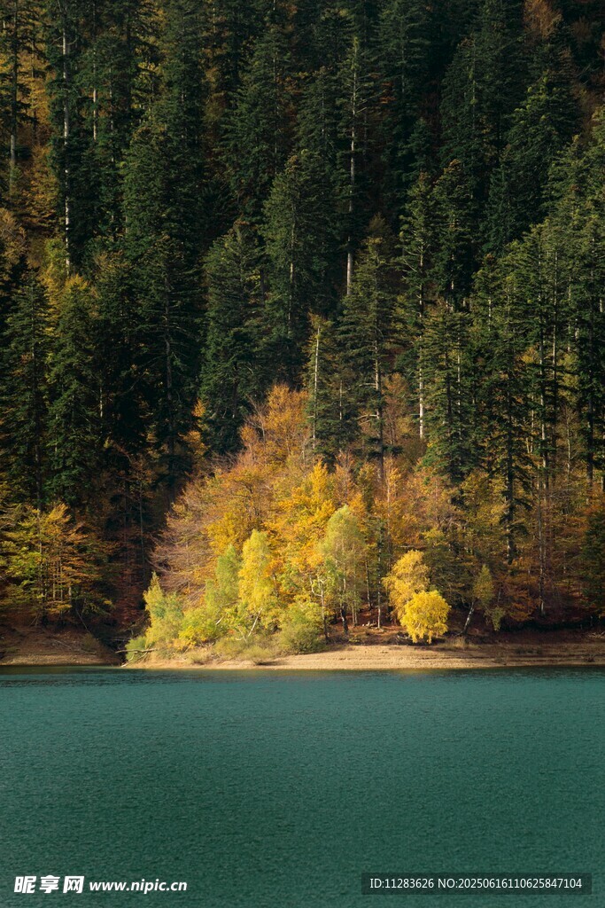 秋日湖畔山林美景