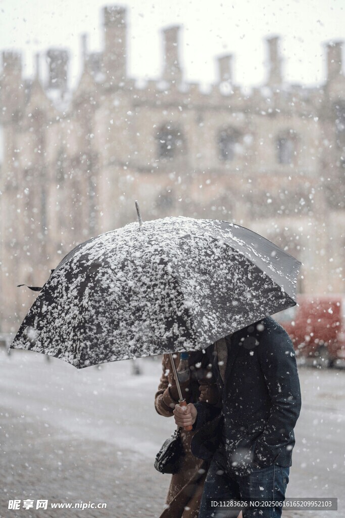 雪中撐傘漫步的人