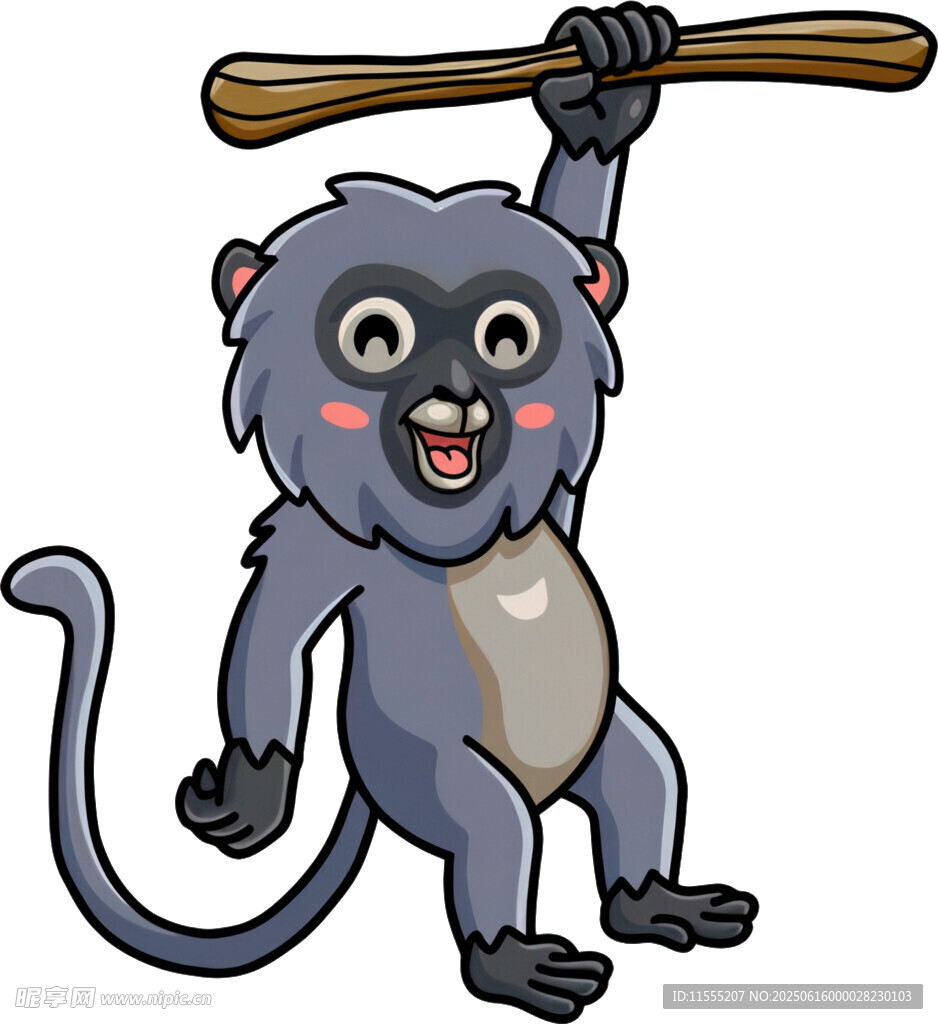 可愛小猴舉木棍玩耍