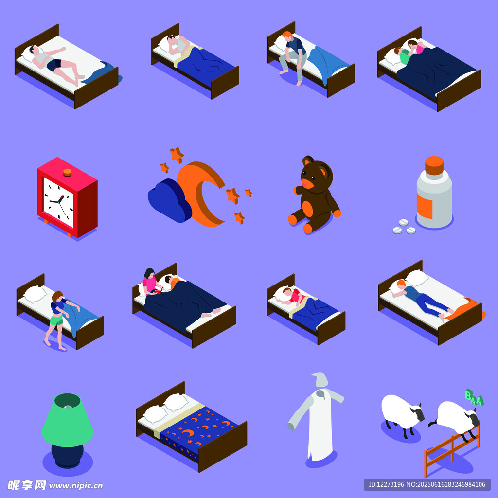 睡眠相關(guān)物品等距風(fēng)格插畫