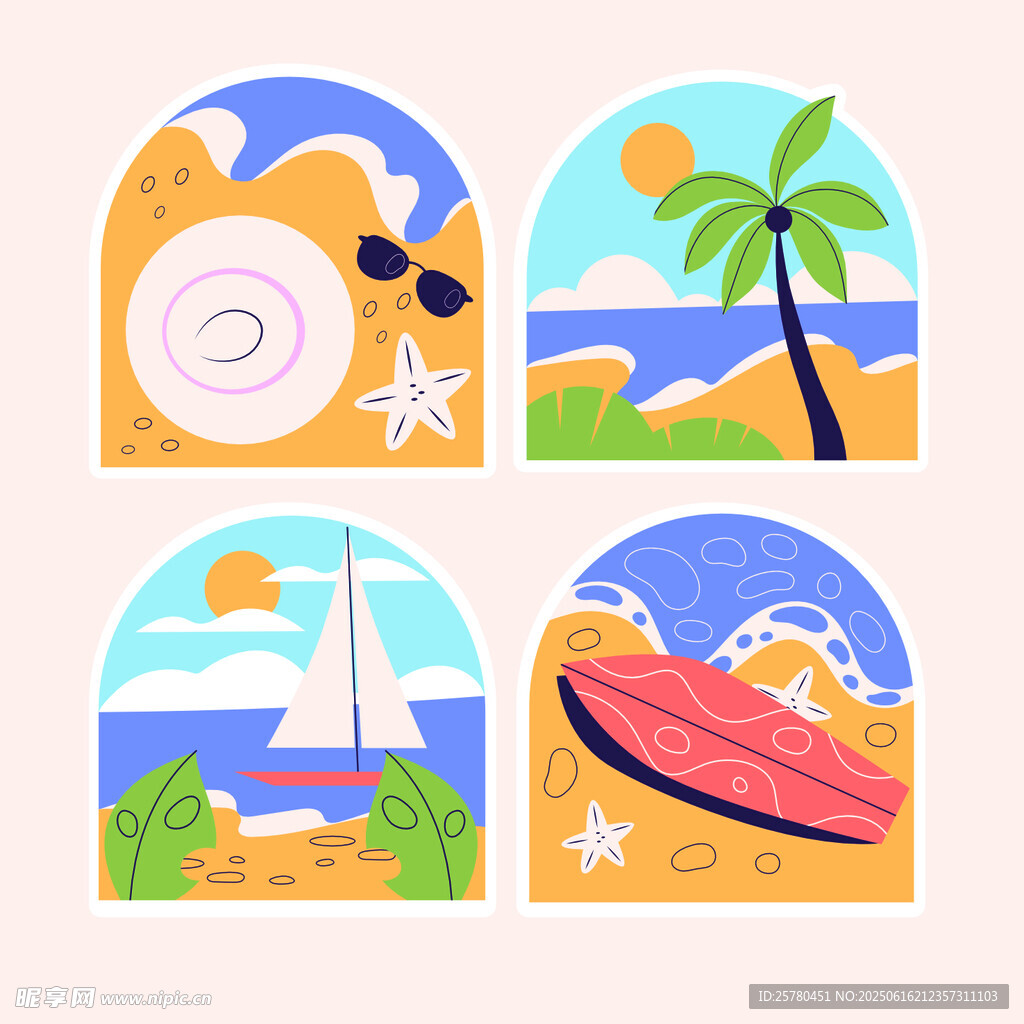 夏日海濱元素插畫