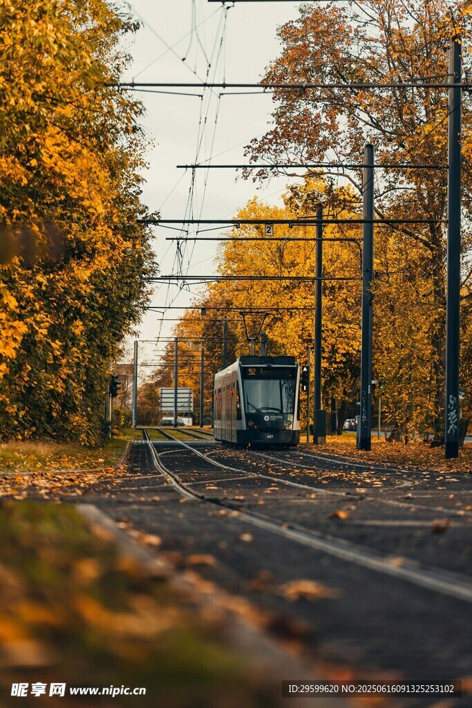 秋日鐵軌上的行駛列車