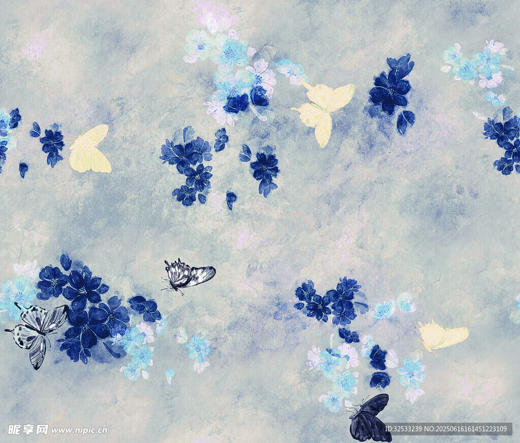 藍調抽象花卉水彩圖案