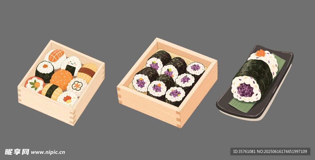 日式壽司紫米飯團手繪插畫