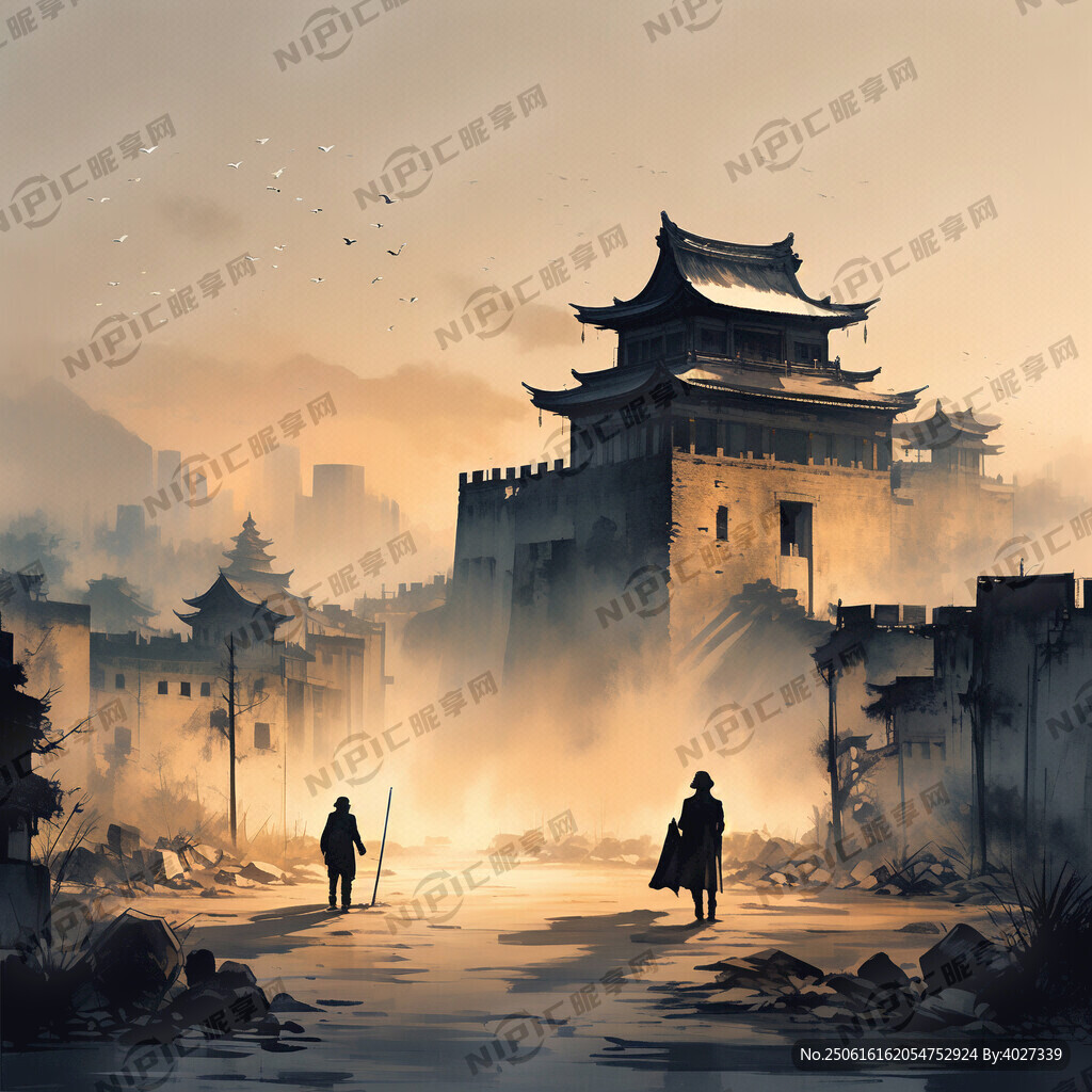 夕陽西下 戰時 中國某地的古城