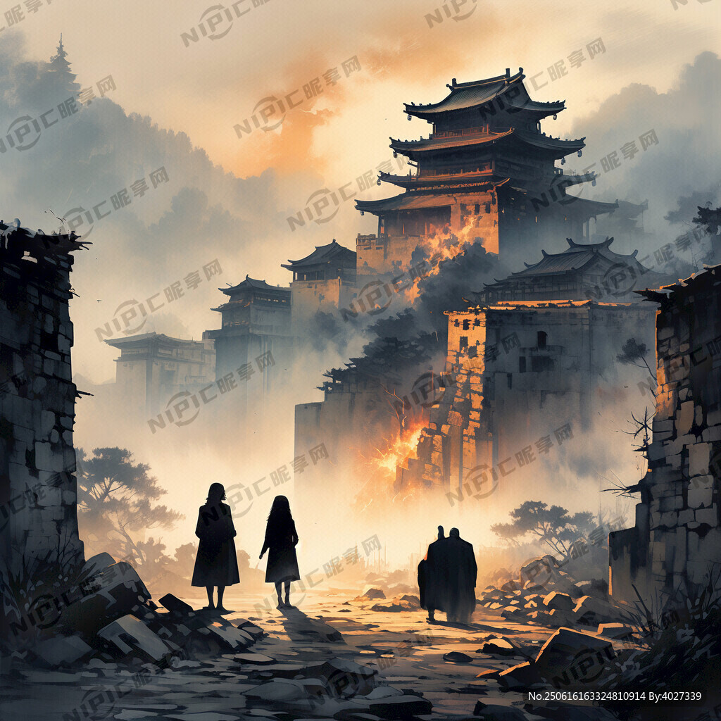 夕陽西下 戰時 中國某地的古城