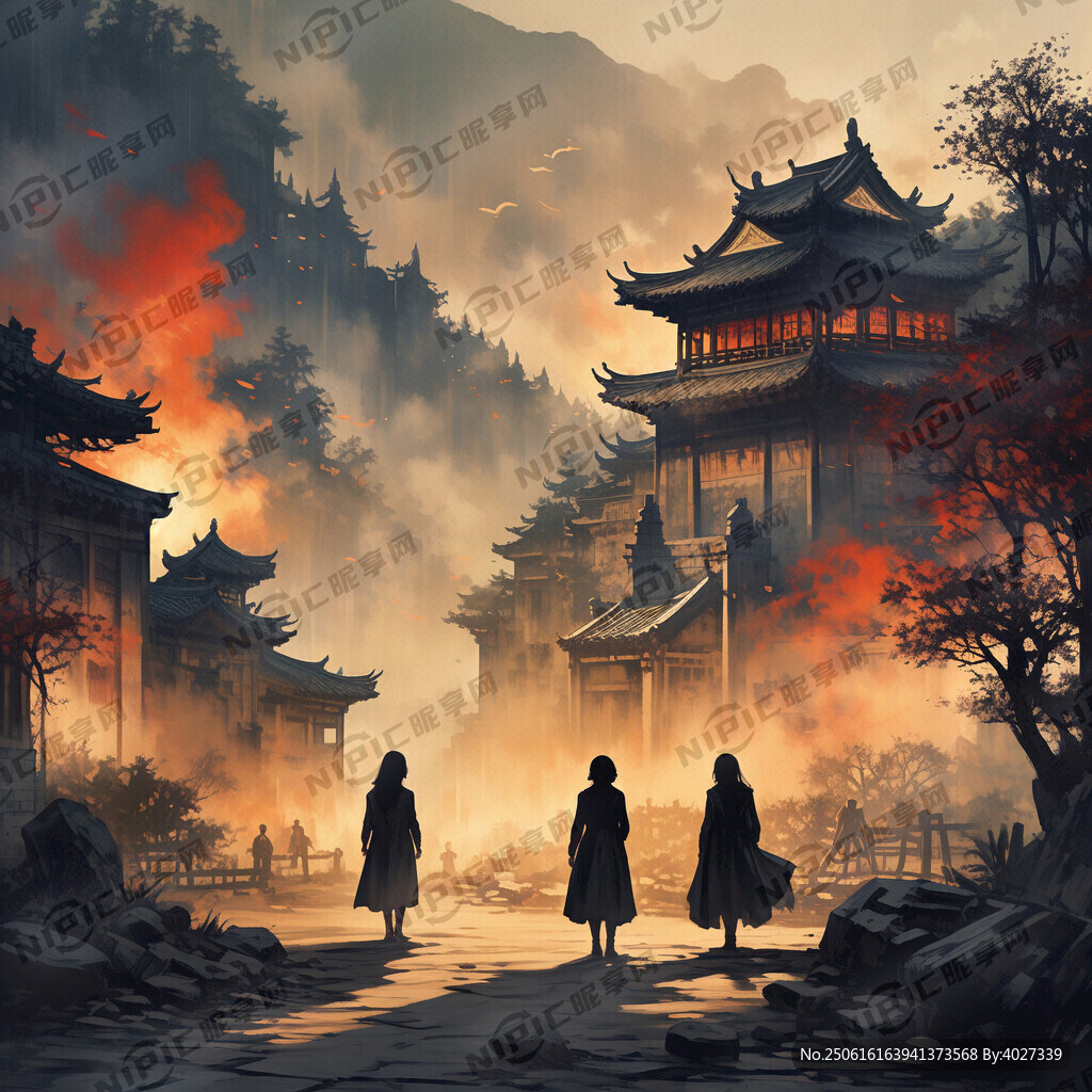 夕陽西下 戰(zhàn)時 中國某地的古城